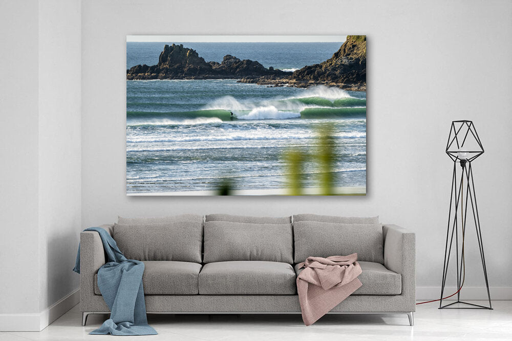 The Perfect Day- A photograph by Mark McInnis above a grey couch.