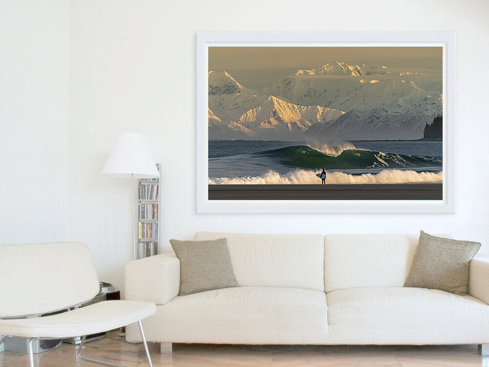 Mulcoy's World- A photograph by Mark McInnis in a white frame above a couch.