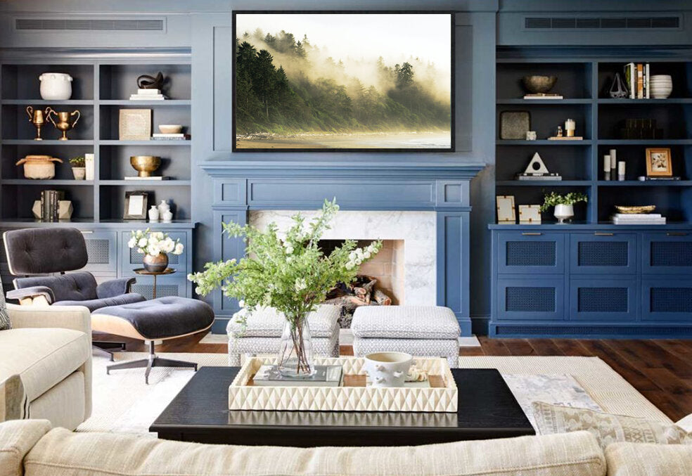 Yellow Banks, a fine art print by Mark McInnis hung over a fireplace.
