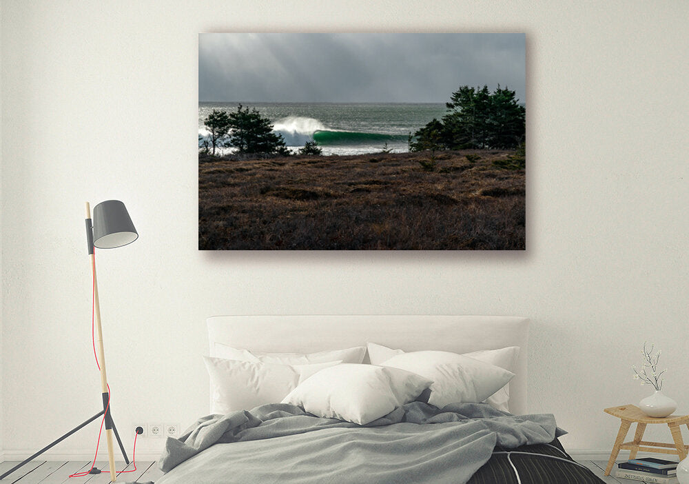 Dare to Drop- A photograph by Mark McInnis above a bed.