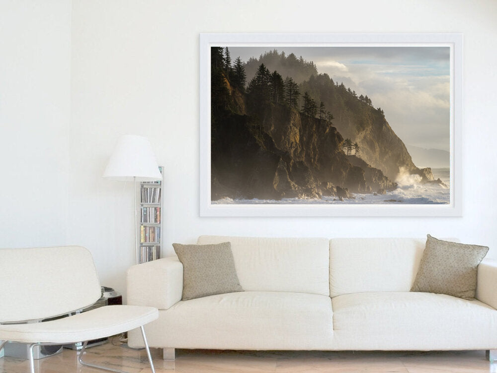 A Brief Window - A photograph by Mark McInnis framed above a white couch.