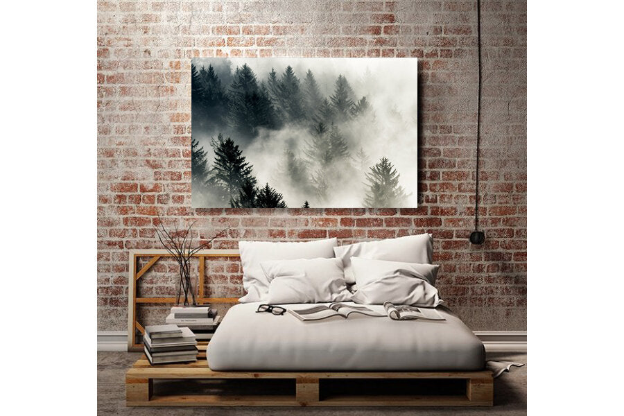 Morning Mist- A photograph by Mark McInnis hung on a brick wall, above a bed.