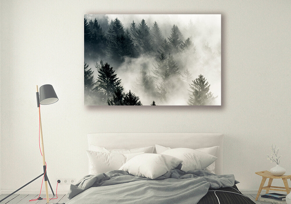 Morning Mist- A photograph by Mark McInnis hung above a bed.