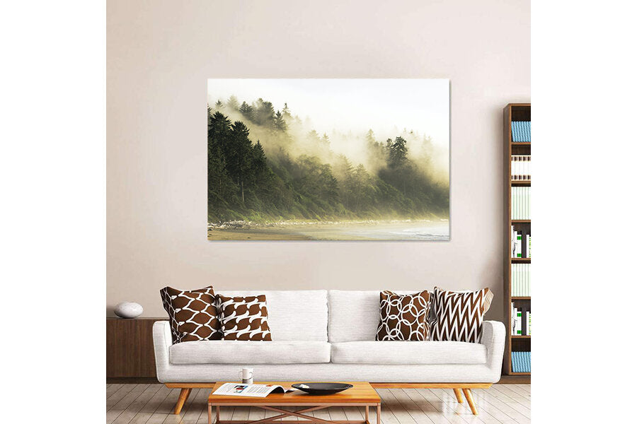Yellow Banks, a fine art print by Mark McInnis, hung over a couch.