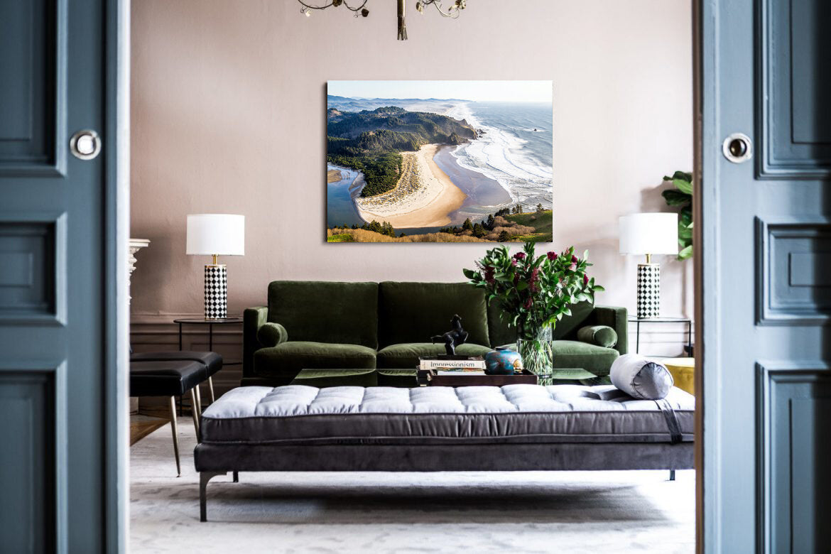 A Worthy Walk- A photograph by Mark McInnis above a green couch.