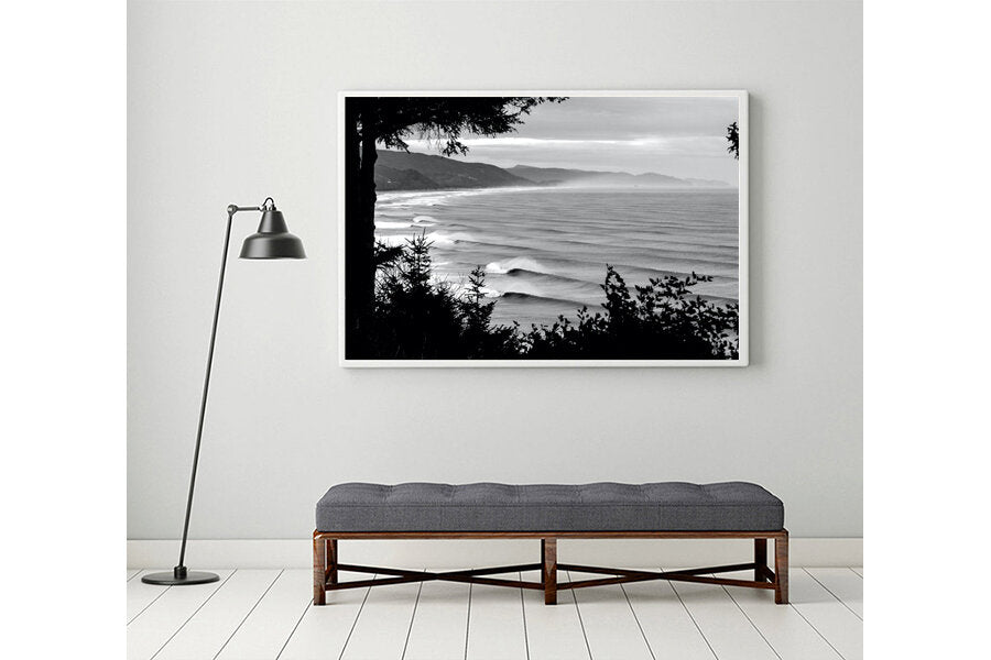 The Oddest Swell- A photograph by Mark McInnis above a bench.