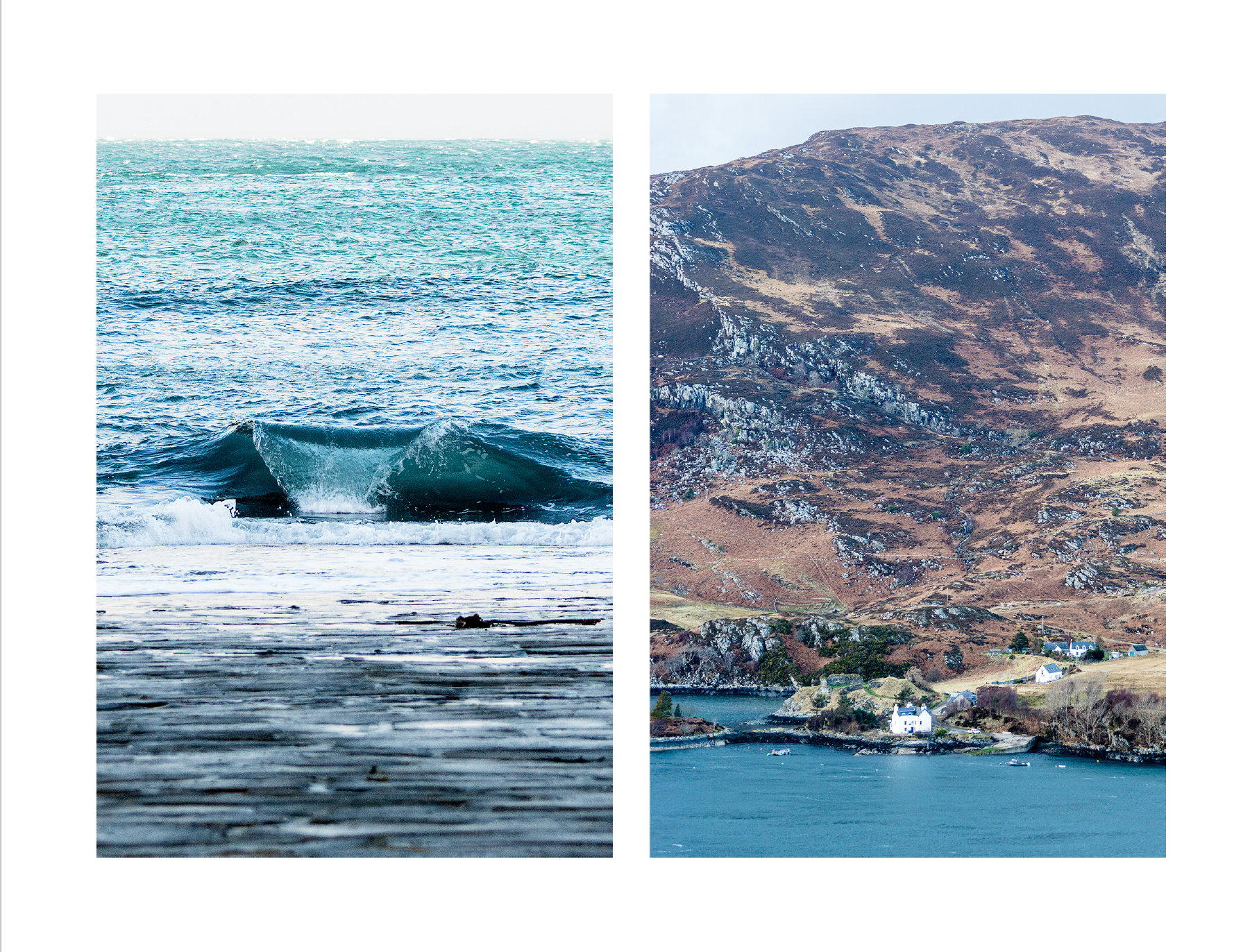 Alba- A photo book by Mark McInnis- Left photo is a wave barreling. Right photo is a hillside with a house at the bottom of the hill. 